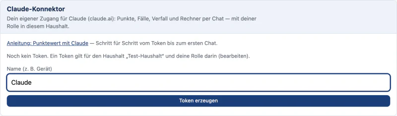 Kasten „Claude-Konnektor“ in den Einstellungen von Punktewert: Feld „Name“ ausgefüllt, darunter der Knopf „Token erzeugen“