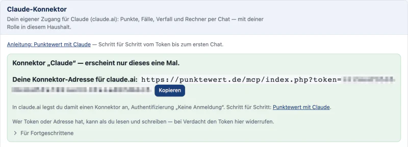Kasten „Claude-Konnektor“ nach „Token erzeugen“: die Konnektor-Adresse mit dem Knopf „Kopieren“, der Token ist verpixelt