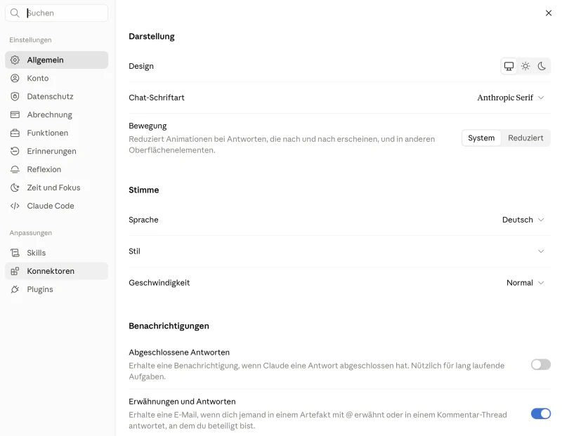Einstellungen von claude.ai: Leiste links mit den Abschnitten „Einstellungen“ und „Anpassungen“, darunter „Konnektoren“