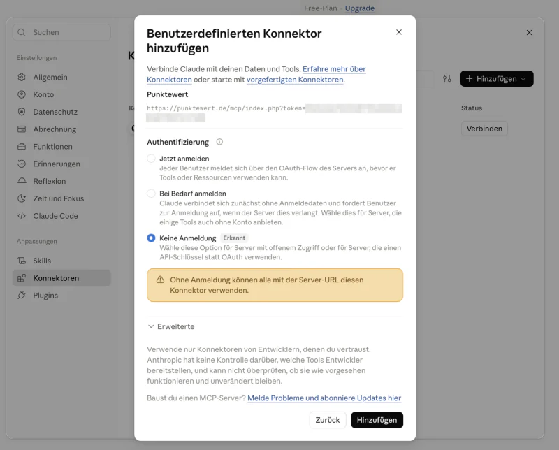 Schritt „Authentifizierung“: „Keine Anmeldung“ mit dem Hinweis „Erkannt“ ausgewählt, darunter die gelbe Warnung und der Knopf „Hinzufügen“