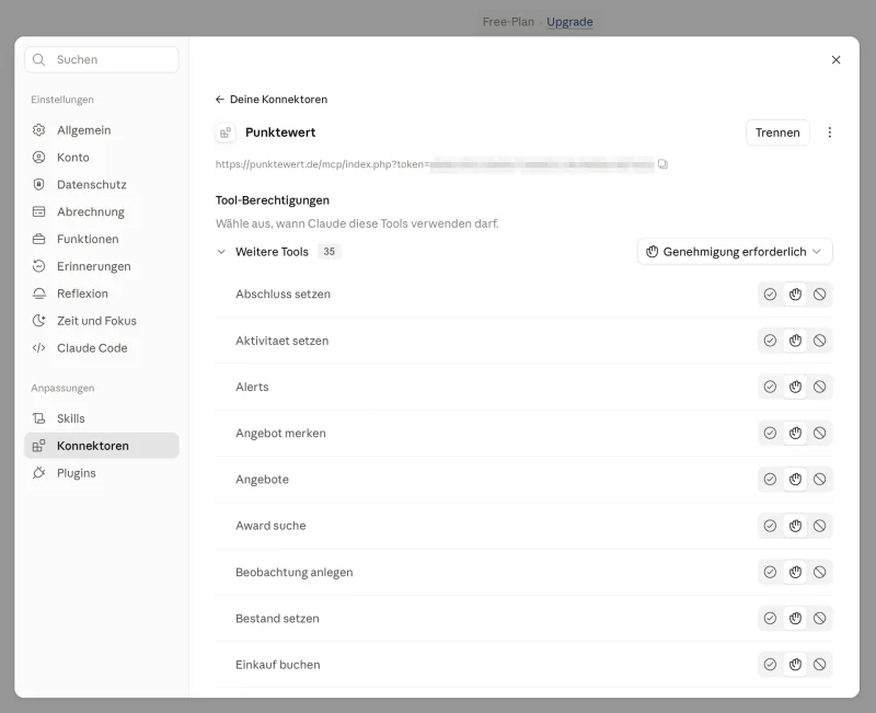 Seite des verbundenen Konnektors: Knopf „Trennen“, Abschnitt „Tool-Berechtigungen“, „Weitere Tools 35“ mit „Genehmigung erforderlich“