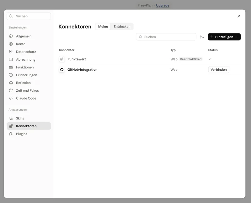 Liste „Konnektoren“, Reiter „Meine“: Punktewert mit Typ „Web“, „Benutzerdefiniert“ und Haken