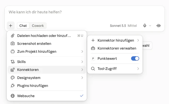Menü „+“ am Eingabefeld, Untermenü „Konnektoren“ mit dem eingeschalteten Schalter „Punktewert“